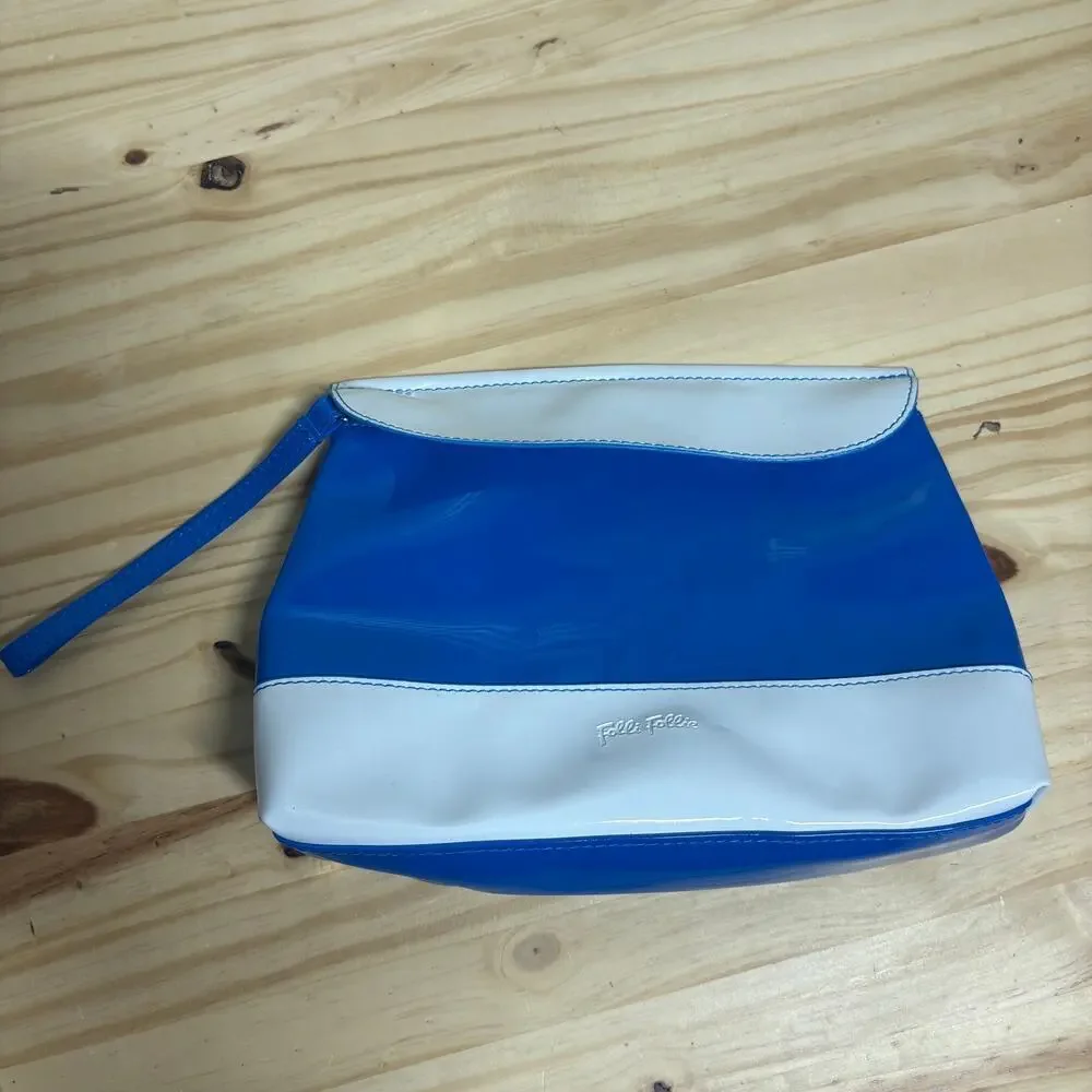 Folli Follie Womens Full Zip Cosmetic Bag Mini Pouch Blue White Colorblock